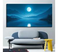 Lienzo decorativo para pared, diseño de luna llena, paisaje sereno de montaña y lago, para sala de estar, dormitorio, oficina (35 x 70 cm/14 x 28in)