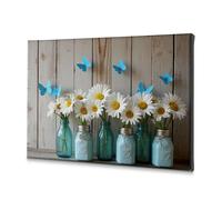 Lienzo decorativo para pared, diseño de mariposas azules y margaritas en tarros de masón, decoración de pared de Pascua (20 x 30 cm)