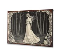 Lienzo decorativo para pared, diseño de mujer con un vestido blanco camina por un bosque oscuro. Lienzo decorativo para decoración de sala de estar, bautismo (20 x 30 cm)