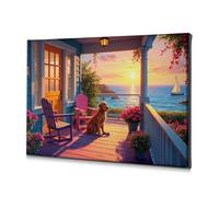 Lienzo decorativo para pared, diseño de un acogedor porche con flores, sillas y un perro con vista a una hermosa puesta de sol junto al mar. Lienzo decorativo para decoración de baño (40 x 60 cm)