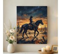 Lienzo decorativo para pared, diseño de vaquero montando a caballo, color azul con atardecer en el desierto naranja, decoración del hogar de estilo occidental para sala de estar, dormitorio, oficina