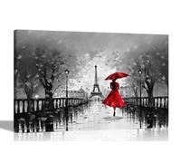 Lienzo decorativo para pared en blanco y negro con la calma de la lluvia en París rojo extra grande para sala de estar, imágenes abstractas enmarcadas para colgar en el dormitorio, pasillo 101 x 76 cm