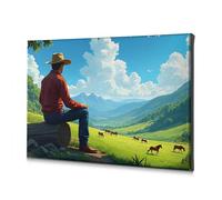 Lienzo decorativo para sala de estar, diseño de vaquero sentado en un tronco, mirando a los caballos pastando en un valle exuberante (20 x 30 cm)