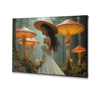 Lienzo decorativo para sala de estar, una mujer con un vestido blanco de pie entre hongos brillantes en un bosque místico. Lienzo decorativo para decoración de Pascua, decoración de baño (40 x 60 cm)