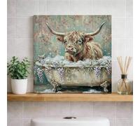 Lienzo decorativo rústico de baño de vaca, decoración de granja floral azul y verde, decoración estética de primavera para sala de estar, dormitorio, baño, lienzo envuelto de 12 x 12 pulgadas
