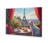 Lienzo decorativo Shabby Chic Decor A Cat Enjoys A Cozy Breakfast With A View Of The Eiffel Tower. Lienzo decorativo para baño, decoración de pared (20 x 30 cm)