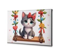 Lienzo decorativo Shabby Chic Decor con un bonito gatito con un lazo rojo sentado en un columpio decorado con flores y corazones. Lienzo decorativo para decoración del hogar, pared de baño (40 x 60 cm