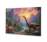 Lienzo decorativo Shabby Chic Decor Dinosaurios junto al lago al atardecer, decoración del hogar, pared de baño (30 x 40 cm)