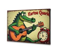 Lienzo decorativo Shabby Chic Decor Un cocodrilo de dibujos animados tocando la guitarra junto a un reloj despertador. Lienzo decorativo para baño, decoración de pared (20 x 30 cm)