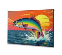 Lienzo decorativo Shabby Chic Decor Un colorido pez saltando del agua al atardecer. Lienzo decorativo para baño, decoración de pared (20 x 30 cm)