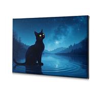 Lienzo decorativo Shabby Chic Decor Un gato negro sentado en el agua bajo un cielo nocturno estrellado. Lienzo decorativo para decoración del hogar, pared de baño (30 x 40 cm)