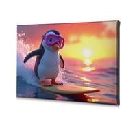 Lienzo decorativo Shabby Chic Decor Un pingüino surfeando en una vibrante puesta de sol. Lienzo decorativo para decoración del hogar, pared de baño (40 x 60 cm)
