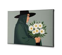 Lienzo decorativo Shabby Chic Decor Una mujer en un sombrero negro sosteniendo un ramo de flores blancas. Lienzo decorativo para decoración del hogar, pared de baño (30 x 40 cm)