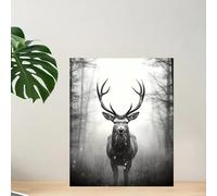 Lienzo decorativo sin marco con diseño de ciervo estilo Art Déco: majestuoso ciervo en un bosque brumoso, decoración vintage de naturaleza para sala de estar y dormitorio (50x70cm (20x28in)/Sin marco)