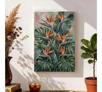 Lienzo decorativo tropical de pájaro del paraíso, estampado floral verde y naranja, decoración estética de verano para sala de estar, dormitorio, oficina, lienzo envuelto de 8 x 12 pulgadas