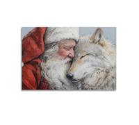 Lienzo decorativo vintage de Papá Noel para pared, pintura al óleo de Papá Noel sosteniendo suavemente un lobo pacífico, decoración de pared con temática navideña de invierno, 20 x 30 cm