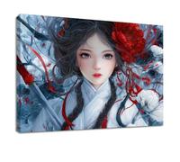 Lienzo decorativo XXL de estilo anime, 100 x 70 cm, impresión artística sobre lienzo con marco de madera, color azul, histórico disfraz de niña y flores, decoración de pared para salón, dormitorio