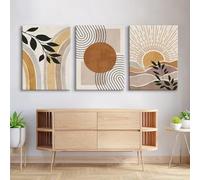 Lienzo enmarcado con diseño geométrico naranja de planta solar, líneas abstractas bohemias, impresión artística para decoración del hogar, dormitorio y oficina (70 x 90 cm x 3 cm/marco interior)