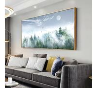 Lienzo enmarcado con imagen de niebla sobre un bosque de pinos verdes, naturaleza salvaje, arte moderno, paisaje elegante para sala de estar (70x144cm/28x57in)