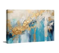 Lienzo enmarcado de 120 x 80 cm 5061 - Pintura azul dorada - Cuadro XXL panorámico - Lienzo impreso para salón, oficina, dormitorio, listo para colgar