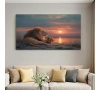 Lienzo enmarcado de animales salvajes para sala de estar, 101,6 x 71,1 cm | Impresión impermeable de león de pastizal, puesta de sol, sabana, con gancho, cuadros en lienzo para pared, pasillo