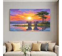 Lienzo enmarcado de anime para sala de estar, 101,6 x 71,1 cm | Impresión impermeable de pastizales de humedal de elefante con gancho, cuadros en lienzo para pared, pasillo, dormitorio