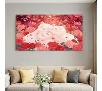 Lienzo enmarcado de estética romántica para sala de estar, 101,6 x 71,1 cm | Lienzo de pared impermeable con diseño de gato, gatito, rosa, arbusto, con gancho, para pared, pasillo, dormitorio, baño