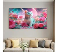 Lienzo enmarcado de fantasía surrealista para sala de estar, 101,6 x 71,1 | Lienzo impermeable con gancho, diseño de gato, floral, campo, planeta, espacio, imágenes para pared, pasillo, dormitorio