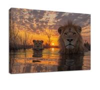 Lienzo enmarcado de fotografía de vida silvestre para sala de estar, 101,6 | Impresión impermeable de león, puesta de sol y sabana con gancho, cuadros en lienzo para pared, pasillo, dormitorio, baño