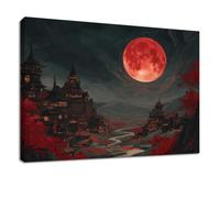Lienzo enmarcado gótico oscuro para sala de estar, 48 x 32 pulgadas | Lienzo de pared impermeable con diseño de pabellón de luna de sangre y bosque de arce con gancho, para pared, pasillo