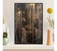 Lienzo enmarcado para pared, abstracto, negro y dorado, con goteo, impresión para decoración de hogar, oficina, cafetería y bar (90 x 110 cm, 35 x 43 pulgadas), marco negro.