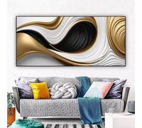 Lienzo extragrande con líneas abstractas en blanco y negro, dorado, para pared, 65 x 135 cm (26 x 52 pulgadas) con marco.