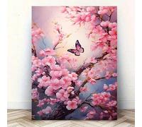 Lienzo extragrande con mariposas volando entre flores de cerezo rosadas, póster para pared, pintura moderna para el hogar y el dormitorio (40 x 60 cm, sin marco)
