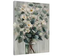 Lienzo floral de primavera, impresiones de flores verdes y blancas, decoración abstracta del hogar para sala de estar, dormitorio, baño, lienzo envuelto de 16 x 20 pulgadas