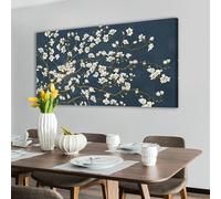 Lienzo floral para pared, estilo rústico vintage con flores blancas crema sobre fondo azul oscuro, para sala de estar, dormitorio y hogar (75 x 150 cm/30 x 59 pulgadas)