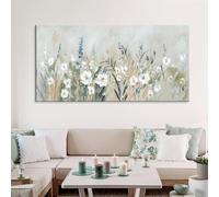 Lienzo floral vintage moderno de gran tamaño: cuadros abstractos de flores verdes y blancas, decoración de pared enmarcada para sala de estar y dormitorio (60 x 120 cm)