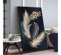 Lienzo grande con marco para pared de salón, moderno, abstracto, con vibrantes plumas azules y doradas, para decoración del hogar (40 x 80 cm (16 x 32 pulgadas))