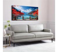 Lienzo grande enmarcado con impresionantes hojas de arce rojas y vistas panorámicas del lago, decoración minimalista moderna para oficina y sala de estar (85 x 140 cm)