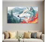 Lienzo grande para pared, dibujo a mano, impresión enmarcada de 101,6 x | Lienzo 3D con diseño de bosque de pinos, lobo y vida silvestre, decoración de pared para sala de estar, dormitorio, pasillo