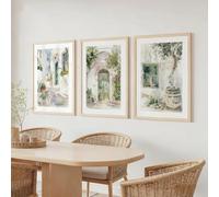 Lienzo impreso con imagen de una calle de un pueblo mediterráneo, arte mural minimalista de estilo bohemio griego e italiano (40x60cm x 3/marco interno).