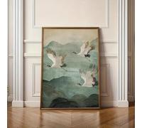 Lienzo impreso con la imagen de una grulla blanca volando sobre un paisaje montañoso para decorar la pared de una sala de estar moderna (35x50cm).