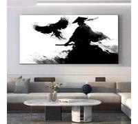 Lienzo impreso con la silueta de un cuervo samurái moderno para pared, póster en blanco y negro para sala de estar (70 x 140 cm).