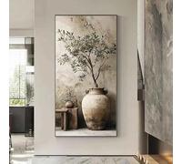 Lienzo impreso con olivo en tarro de terracota rústico, bodegón mediterráneo de estilo wabi-sabi neutro para sala de estar (40x80cm/sin marco)