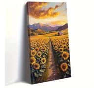 Lienzo impreso con paisaje rural, campo de girasoles, granero rojo, cordillera, tinta vibrante sobre lienzo, decoración de pared horizontal (55 x 100 cm)