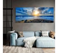 Lienzo impreso con póster, vista panorámica de playa al atardecer sobre el océano, paisaje costero, decoración de pared para el hogar, verano (50x150cm)