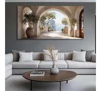 Lienzo impreso con un arco que conduce a una serena escena costera. Ideal para decorar salones (30 x 60 cm/marco interior).