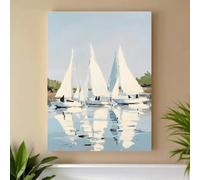 Lienzo impreso con veleros en aguas tranquilas y reflectantes. Póster decorativo para pared con un sereno paisaje costero, ideal para la sala de estar o el hogar (70x100cm/sin marco).