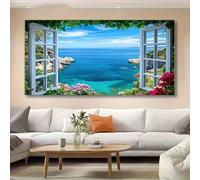 Lienzo impreso con vista a la playa desde una ventana, aguas turquesas realistas, paisaje marino con vegetación floral (30x60cm)