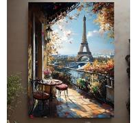 Lienzo impreso con vista a una terraza parisina y la Torre Eiffel - Arte mural con escena otoñal, cuadro de París para sala de estar (50x75cm/Sin marco)