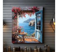 Lienzo impreso con vista a una ventana mediterránea, pintura de paisaje costero, ideal para decorar el hogar o la oficina (70x100 cm/sin marco).